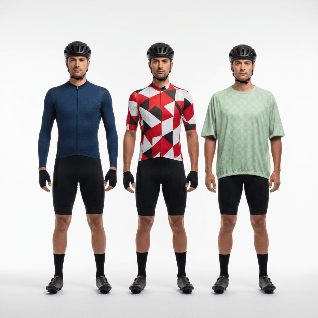 Three cyclists showing different jersey fit styles: race, club, and relaxed