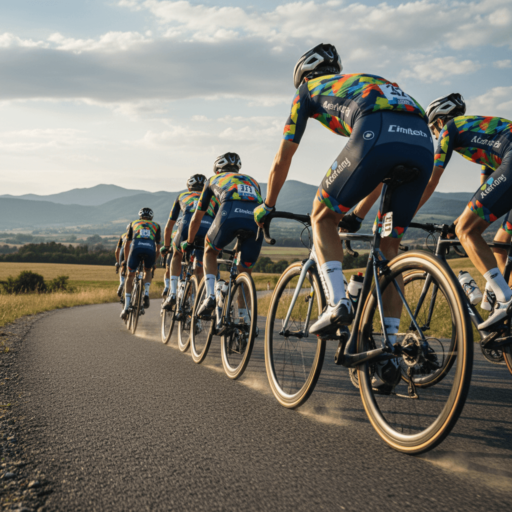 Cyclists wearing custom team jerseys riding together