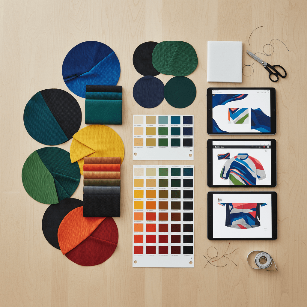 Cycling jersey design process with color swatches and fabric samples